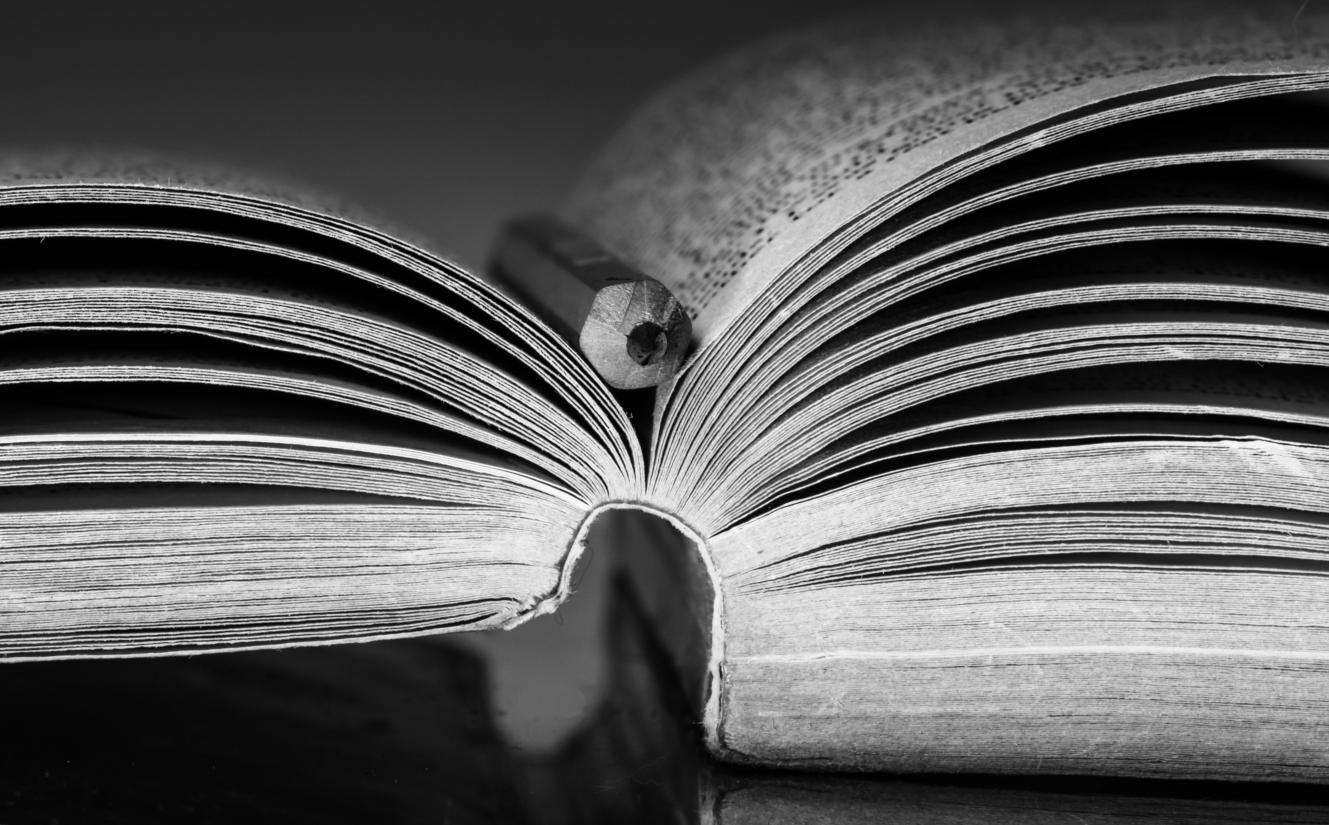 Close-up van een opengeslagen boek met een potlood tussen de bladzijden, in zwart-wit