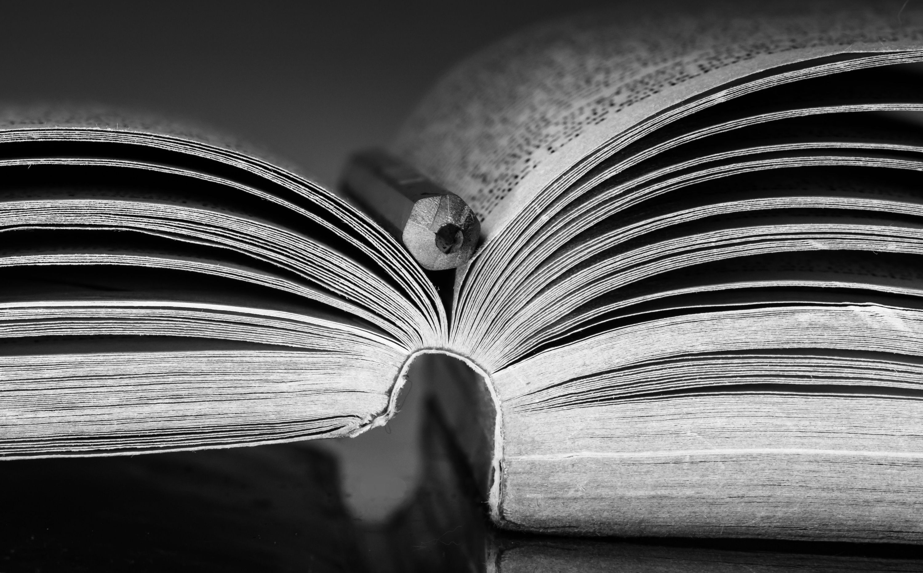 Primer plano de un libro abierto con un lápiz entre las páginas, en blanco y negro Primer plano de un libro abierto con un lápiz entre las páginas, en blanco y negro